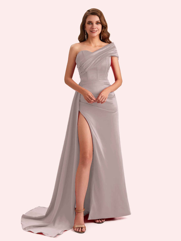 Sexy Sheath One Shoulder Side Slit Soft Satin Long Bridesmaid Dress For Wedding