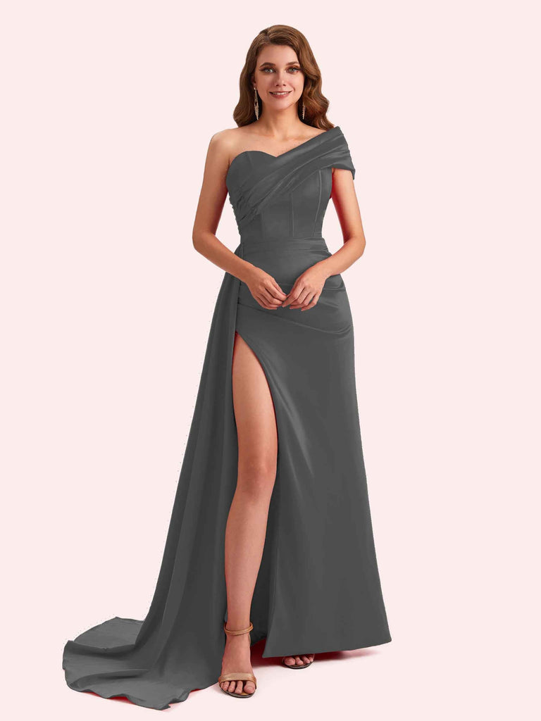 Sexy Sheath One Shoulder Side Slit Soft Satin Long Bridesmaid Dress For Wedding Sexy Sheath One Shoulder Side Slit Soft Satin Long Bridesmaid Dress For Wedding