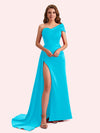 Sexy Sheath One Shoulder Side Slit Soft Satin Long Bridesmaid Dress For Wedding