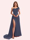 Sexy Sheath One Shoulder Side Slit Soft Satin Long Bridesmaid Dress For Wedding