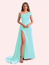 Sexy Sheath One Shoulder Side Slit Soft Satin Long Bridesmaid Dress For Wedding