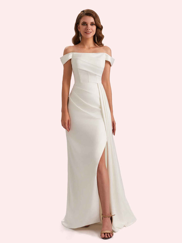 Sexy Mermaid Off Shoulder Side Slit Soft Satin Long Bridesmaid Dress For Wedding