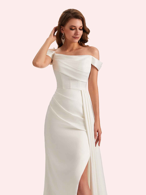 Sexy Mermaid Off Shoulder Side Slit Soft Satin Long Bridesmaid Dress For Wedding