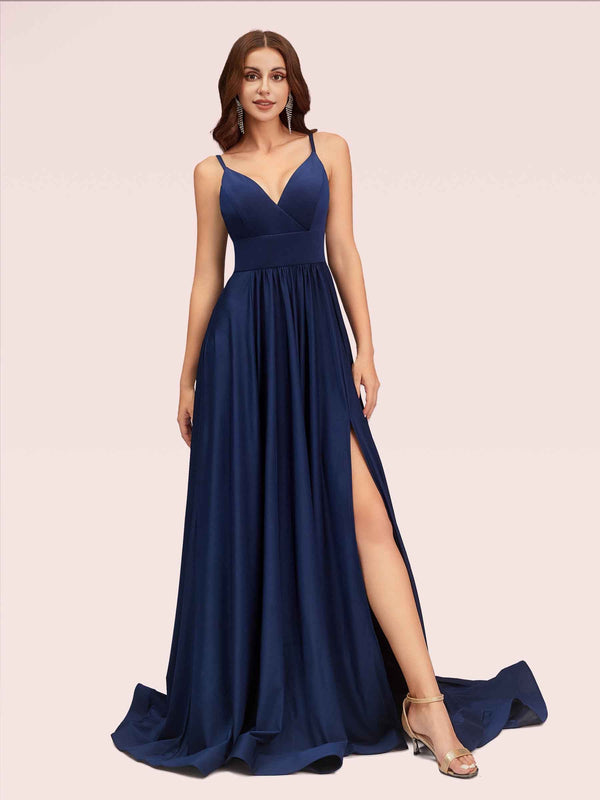 Sexy Side Slit Spaghetti Straps V-neck Jersey Long Bridesmaid Dresses Online For Sale