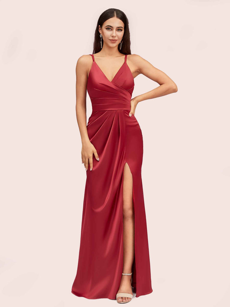 Sexy Spaghetti Straps V-neck Long Silky Soft Satin Formal Prom Dresses With Slit Sexy Spaghetti Straps V-neck Long Silky Soft Satin Formal Prom Dresses With Slit