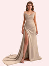 Sexy Mermaid V-neck Side Slit Strapless Soft Satin Long Bridesmaid Dress For Wedding