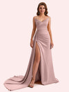 Sexy Mermaid V-neck Side Slit Strapless Soft Satin Long Bridesmaid Dress For Wedding