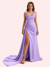 Sexy Mermaid V-neck Side Slit Strapless Soft Satin Long Bridesmaid Dress For Wedding
