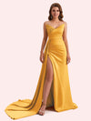 Sexy Mermaid V-neck Side Slit Strapless Soft Satin Long Bridesmaid Dress For Wedding