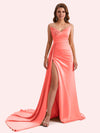 Sexy Mermaid V-neck Side Slit Strapless Soft Satin Long Bridesmaid Dress For Wedding