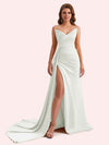 Sexy Mermaid V-neck Side Slit Strapless Soft Satin Long Bridesmaid Dress For Wedding