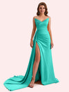 Sexy Mermaid V-neck Side Slit Strapless Soft Satin Long Bridesmaid Dress For Wedding