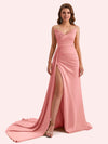 Sexy Mermaid V-neck Side Slit Strapless Soft Satin Long Bridesmaid Dress For Wedding