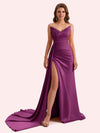 Sexy Mermaid V-neck Side Slit Strapless Soft Satin Long Bridesmaid Dress For Wedding