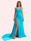 Sexy Mermaid V-neck Side Slit Strapless Soft Satin Long Bridesmaid Dress For Wedding