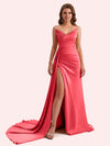 Sexy Mermaid V-neck Side Slit Strapless Soft Satin Long Bridesmaid Dress For Wedding