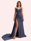 Sexy Mermaid V-neck Side Slit Strapless Soft Satin Long Bridesmaid Dress For Wedding