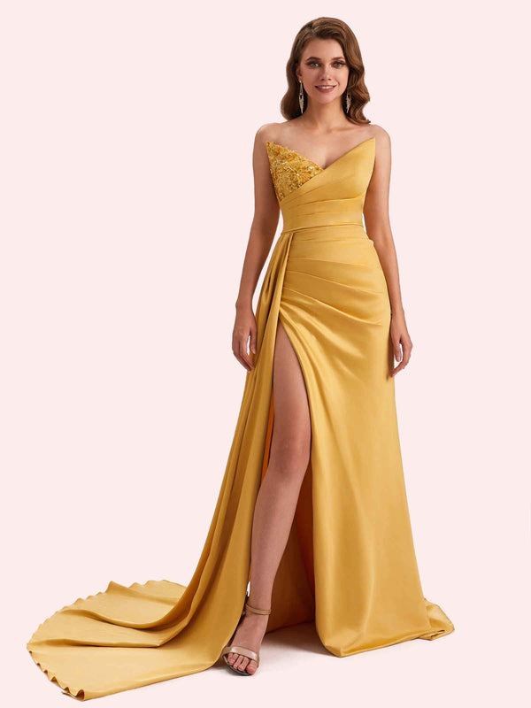 Sexy Mermaid V-neck Side Slit Strapless Soft Satin Long Bridesmaid Dress For Wedding