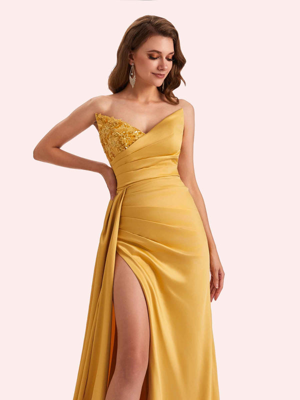 Sexy Mermaid V-neck Side Slit Strapless Soft Satin Long Bridesmaid Dress For Wedding