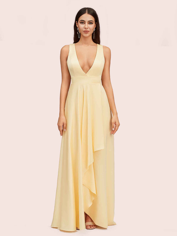Elegant A-Line V-Neck Long Soft Satin Bridesmaid Dresses Online