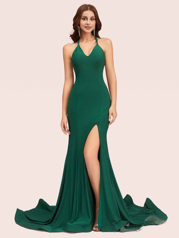 Sexy Halter V-neck Side Slit Stretchy Jersey Long Mermaid Evening Prom Dresses