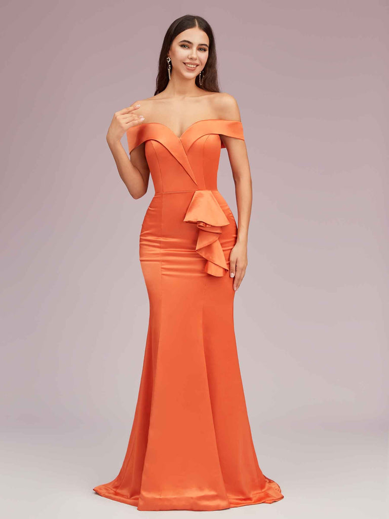 Elegant Soft Satin Mermaid Off Shoulder Unique Long Evening Prom Dresses Online