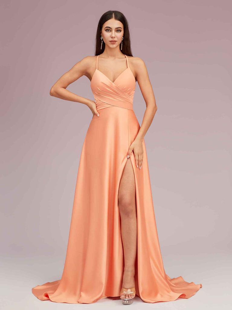Elegant A-line Spaghetti Straps Long Soft Satin Bridesmaid Dresses With Slit For Sale