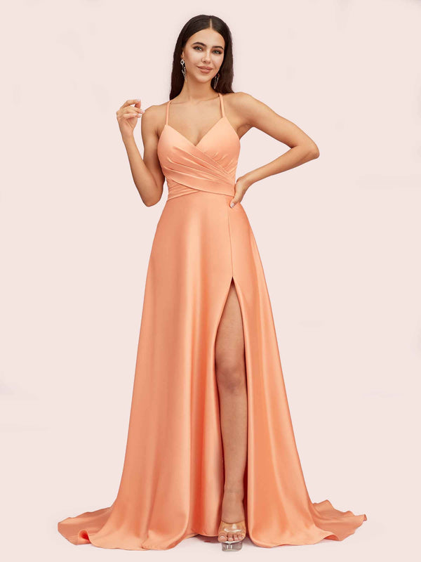 Elegant A-line Spaghetti Straps Long Soft Satin Bridesmaid Dresses With Slit For Sale