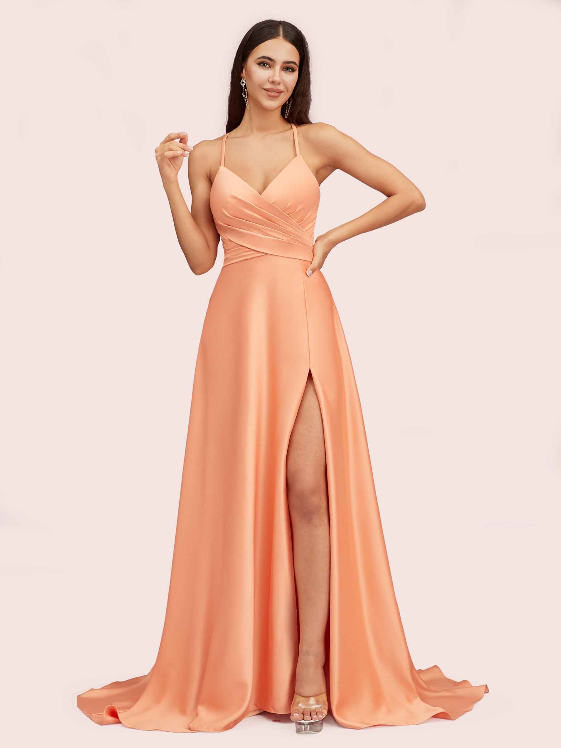 Elegant A-line Spaghetti Straps Long Soft Satin Party Prom Dresses With Slit