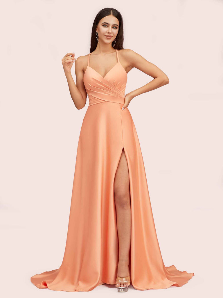 Elegant A-line Spaghetti Straps Long Soft Satin Party Prom Dresses With Slit Elegant A-line Spaghetti Straps Long Soft Satin Party Prom Dresses With Slit