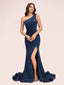Sexy Side Slit One Shoulder Stretch Jersey Long Mermaid Bridesmaid Dresses