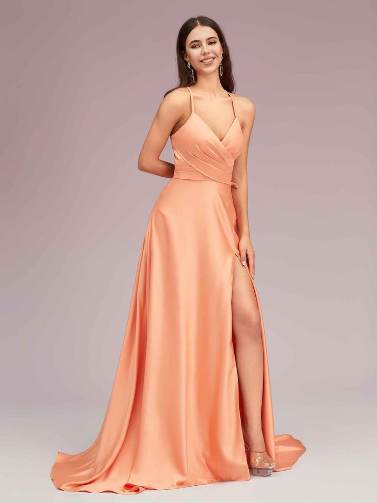 Elegant A-line Spaghetti Straps Long Soft Satin Party Prom Dresses With Slit Elegant A-line Spaghetti Straps Long Soft Satin Party Prom Dresses With Slit