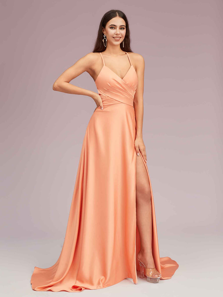 Elegant A-line Spaghetti Straps Long Soft Satin Bridesmaid Dresses With Slit