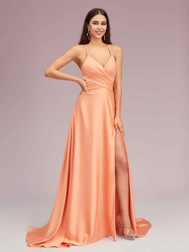 Elegant A-line Spaghetti Straps Long Soft Satin Party Prom Dresses With Slit Elegant A-line Spaghetti Straps Long Soft Satin Party Prom Dresses With Slit