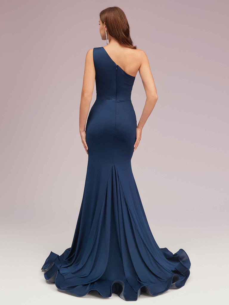 Sexy Side Slit One Shoulder Stretch Jersey Long Mermaid Bridesmaid Dresses