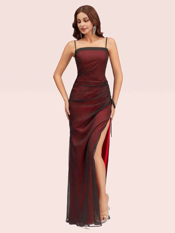 Sexy Spaghetti Straps Red and Black Side Slit Long Prom Dresses Online