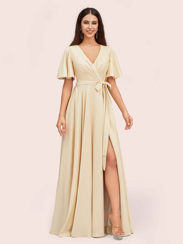 Elegant A-line V-neck Short Sleeves Long Bridesmaid Dresses With Slit