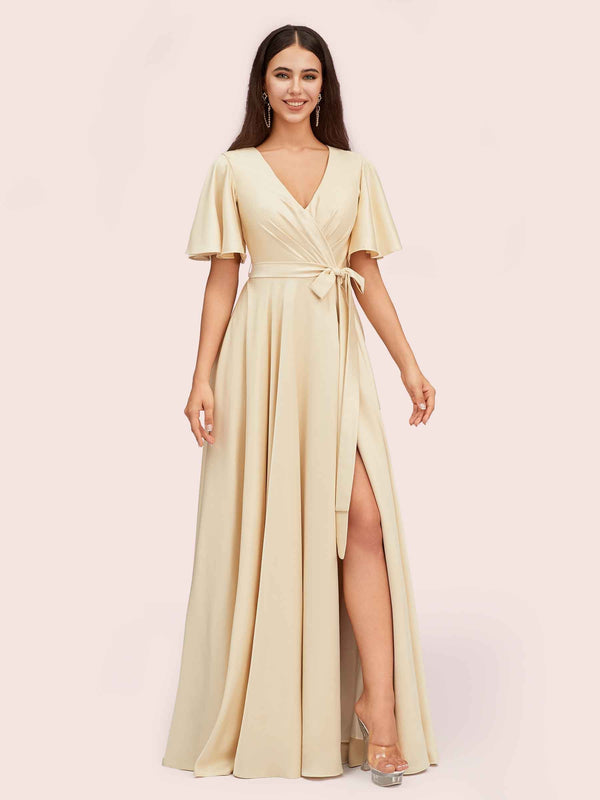 Elegant V-neck Short Sleeves Long Soft Satin Party Prom Dresses With Slit