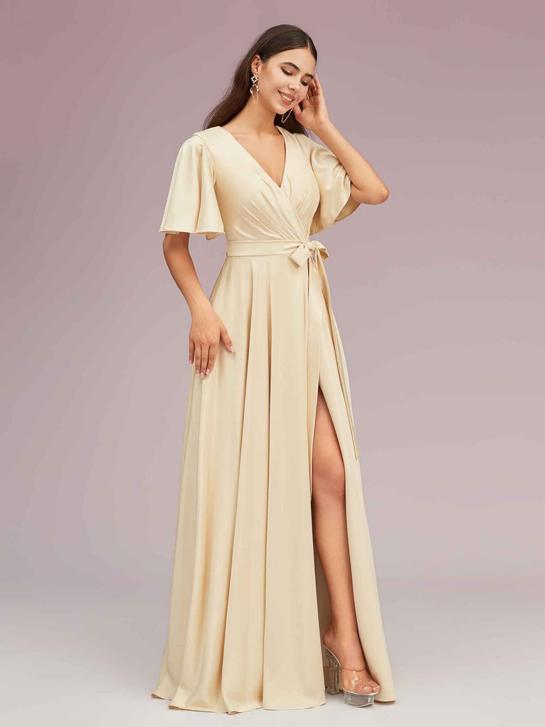 Elegant V-neck Short Sleeves Long Soft Satin Party Prom Dresses With Slit
