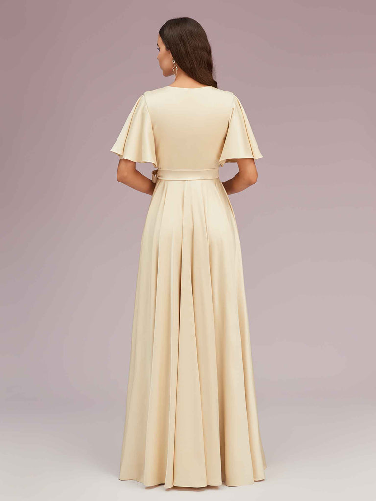 Elegant A-line V-neck Short Sleeves Long Bridesmaid Dresses With Slit Elegant A-line V-neck Short Sleeves Long Bridesmaid Dresses With Slit