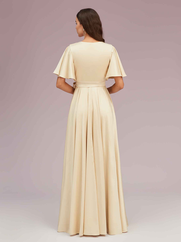 Elegant V-neck Short Sleeves Long Soft Satin Party Prom Dresses With Slit
