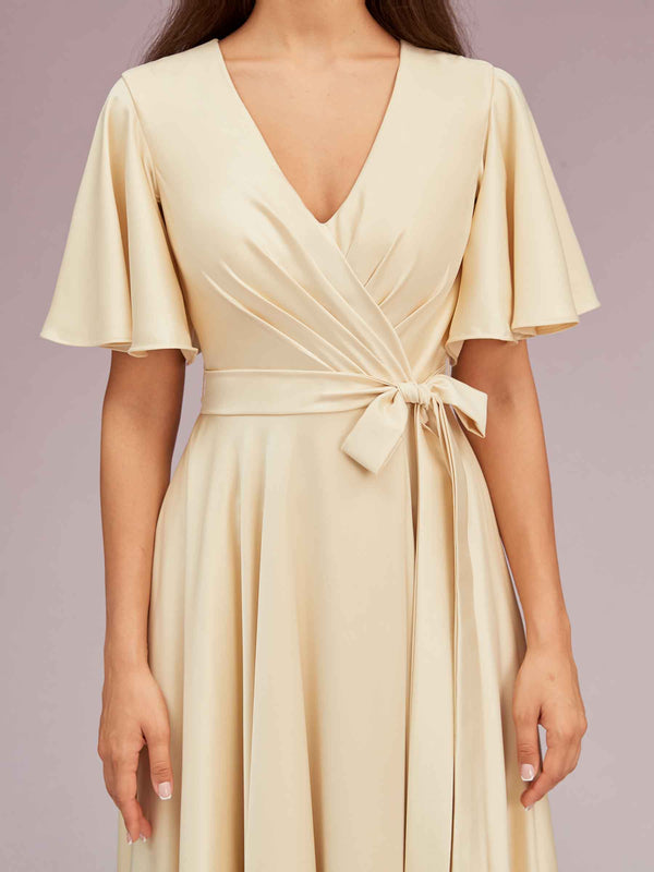Elegant A-line V-neck Short Sleeves Long Bridesmaid Dresses With Slit