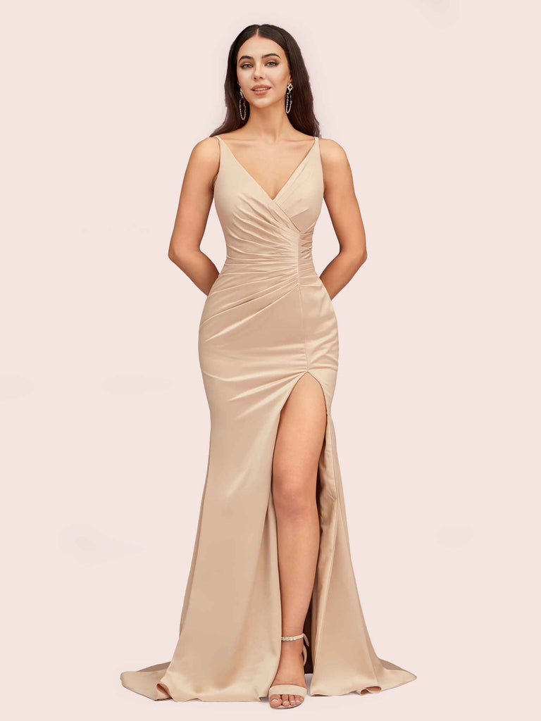 Sexy Mermaid V-neck Side Slit Long Soft Satin Graduation Prom Dresses Online Sexy Mermaid V-neck Side Slit Long Soft Satin Graduation Prom Dresses Online