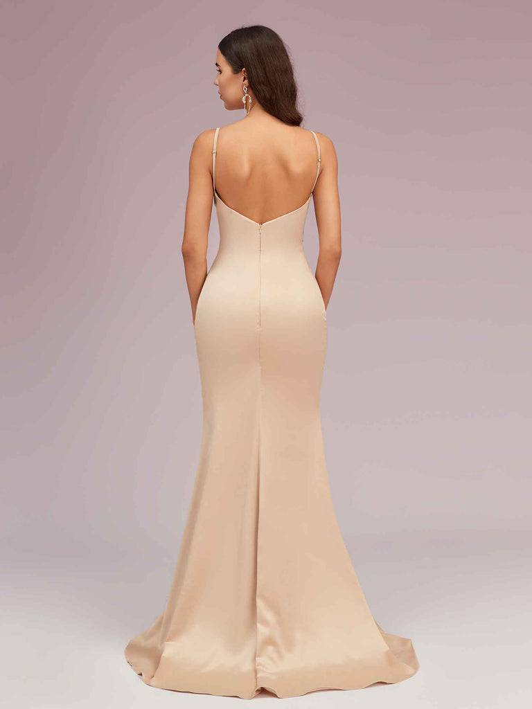 Sexy Mermaid V-neck Side Slit Long Soft Satin Bridesmaid Dresses Online