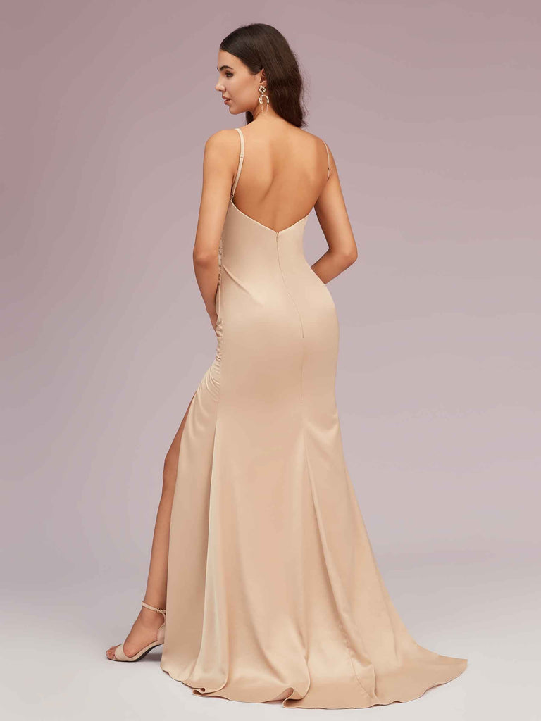 Sexy Mermaid V-neck Side Slit Long Soft Satin Graduation Prom Dresses Online Sexy Mermaid V-neck Side Slit Long Soft Satin Graduation Prom Dresses Online