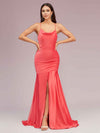 Sexy Backless Mermaid Spaghetti Straps Long Soft Satin Prom Dresses With Slit