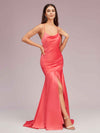 Sexy Backless Mermaid Spaghetti Straps Long Soft Satin Prom Dresses With Slit