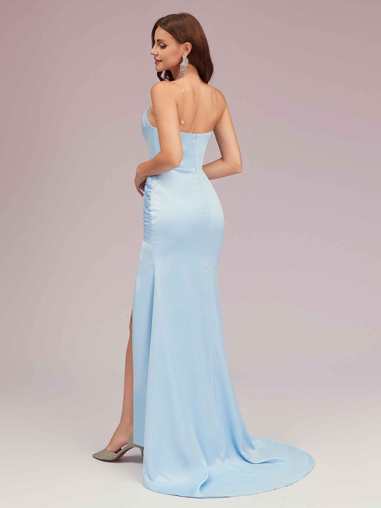 Sexy Mermaid Sweetheart Long Soft Satin Bridesmaid Dresses With Slit