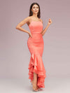 Sexy Unique Mermaid Spaghetti Straps Asymmetrical Soft Satin Formal Prom Dresses
