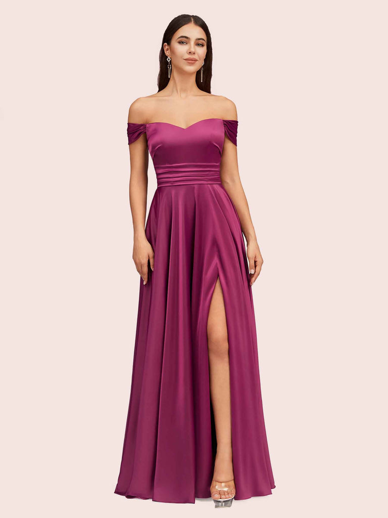 Sexy Off Shoulder Side Slit A-Line Long Soft Satin Formal Prom Dresses Online